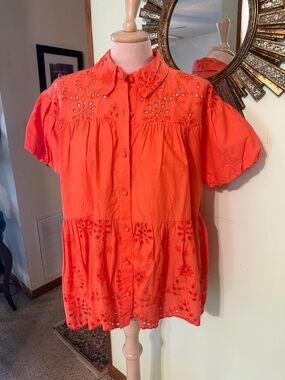 New Cato Coral Eyelet Button-Front Short Sleeve Blouse